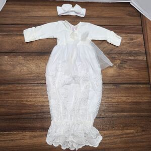 Be'b'emonde' Christening Lace Dress Baptism Newborn Dedication Gown W/Head Band